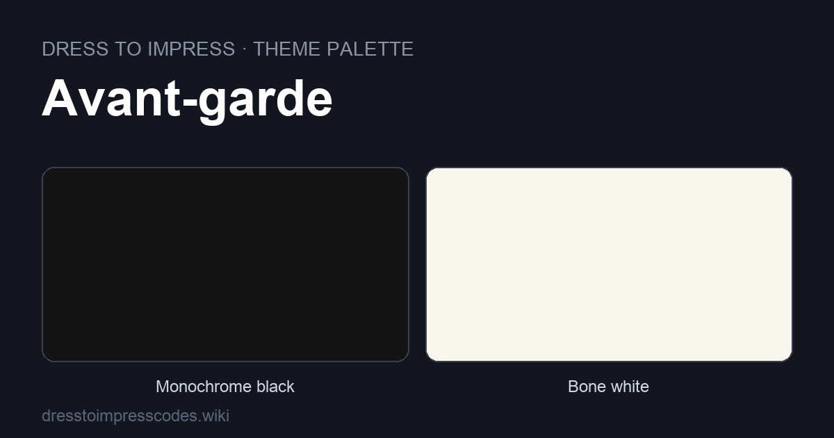 Avant-garde DTI theme colour palette — outfit colours: Monochrome black, Bone white, One single saturated accent