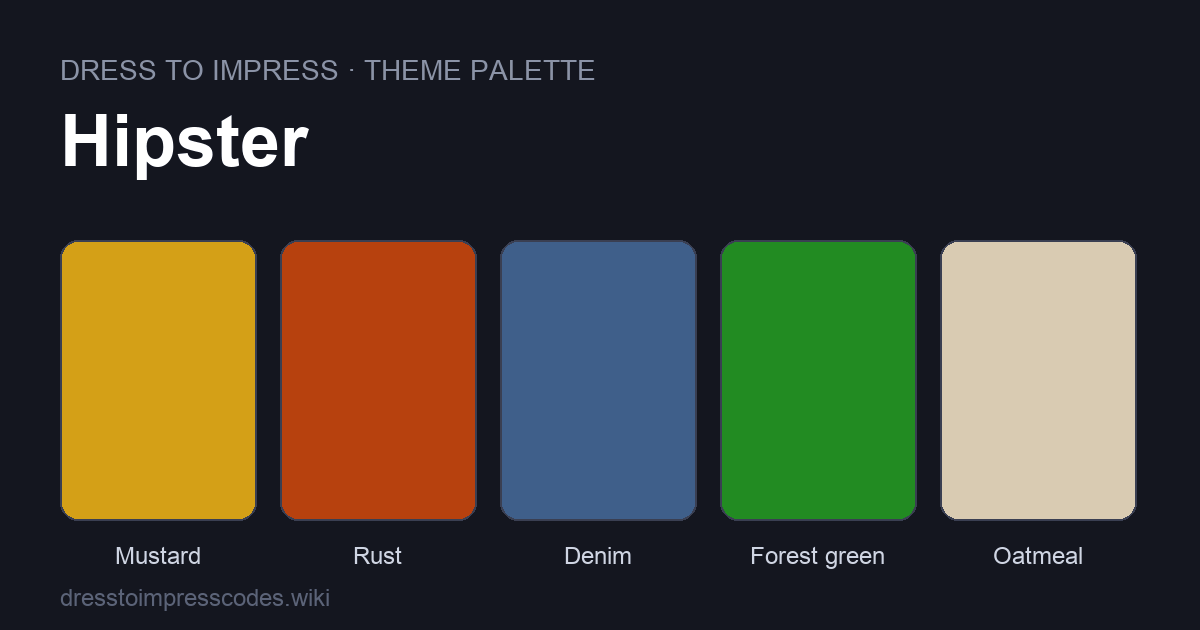 Hipster DTI theme colour palette — outfit colours: Mustard, Rust, Denim, Forest green, Oatmeal