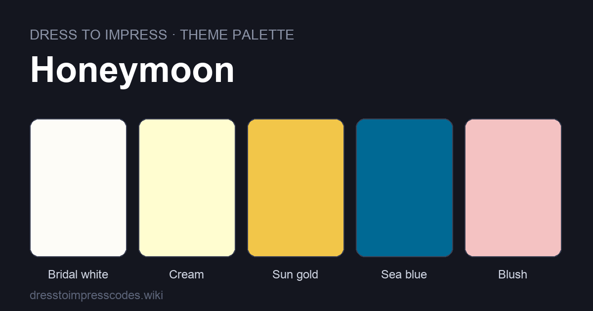 Honeymoon DTI theme colour palette — outfit colours: Bridal white, Cream, Sun gold, Sea blue, Blush