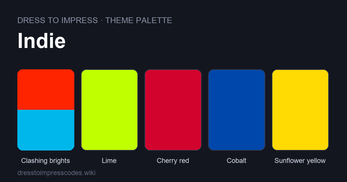 Indie DTI theme colour palette — outfit colours: Clashing brights, Lime, Cherry red, Cobalt, Sunflower yellow