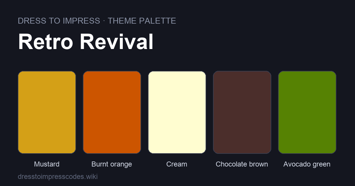 Retro Revival DTI theme colour palette — outfit colours: Mustard, Burnt orange, Cream, Chocolate brown, Avocado green