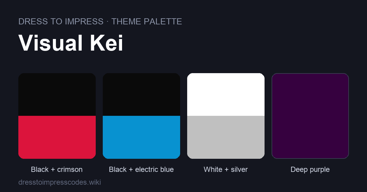 Visual Kei DTI theme colour palette — outfit colours: Black + crimson, Black + electric blue, White + silver, Deep purple